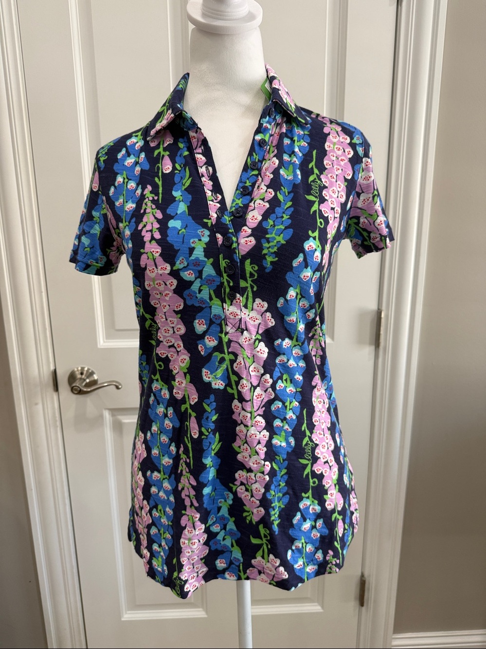 Lilly Pulitzer Navy Button-Down polo with Pink & Blue Foxglove Print
